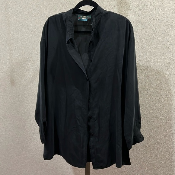 Black silk ORVIS blouse with mandarin collar - Picture 1 of 3